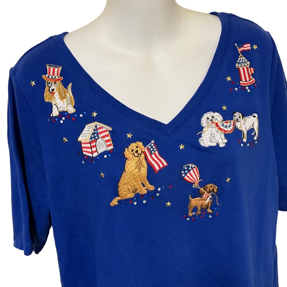 Quacker Factory Patriotic Dogs Embroidered Blue V-Neck Top
